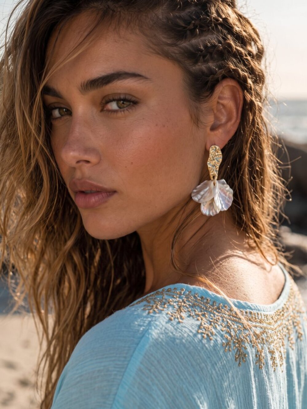 Iridescent Resin Petal Drop Earrings Gold Plated Hammered Top Boho Chic 2"